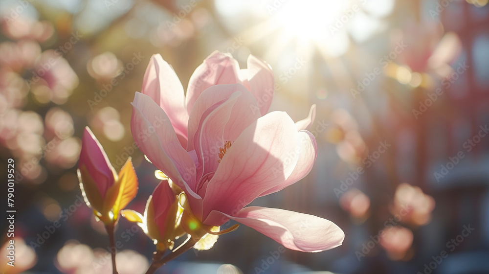 Spring blossom background. Beautiful nature scene with blooming tree and sun flare. Sunny day. Spring flowers. Beautiful Orchard. Abstract blurred background. Springtime