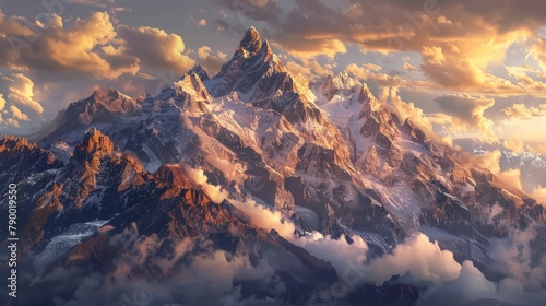 Majestic mountain peaks bathed in golden sunlight, showcasing their breathtaking beauty and towering grandeur against the sky.