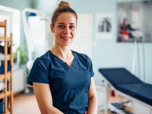 portrait of young sporty physiotherapist in a physic room