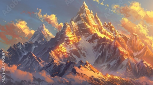 Majestic mountain peaks bathed in golden sunlight, showcasing their breathtaking beauty and towering grandeur against the sky.