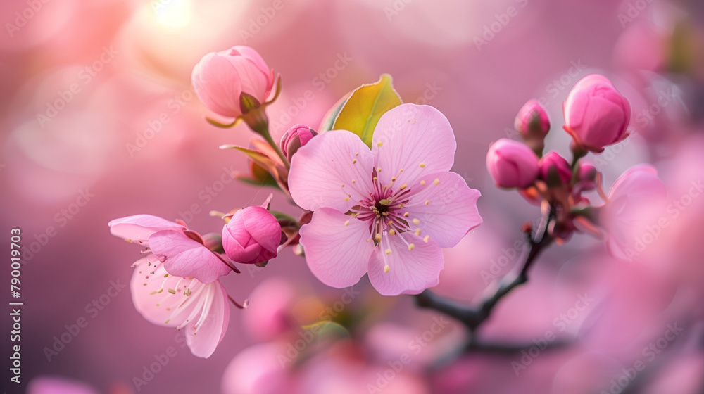 Spring blossom background. Beautiful nature scene with blooming tree and sun flare. Sunny day. Spring flowers. Beautiful sakura. Abstract blurred background. Springtime