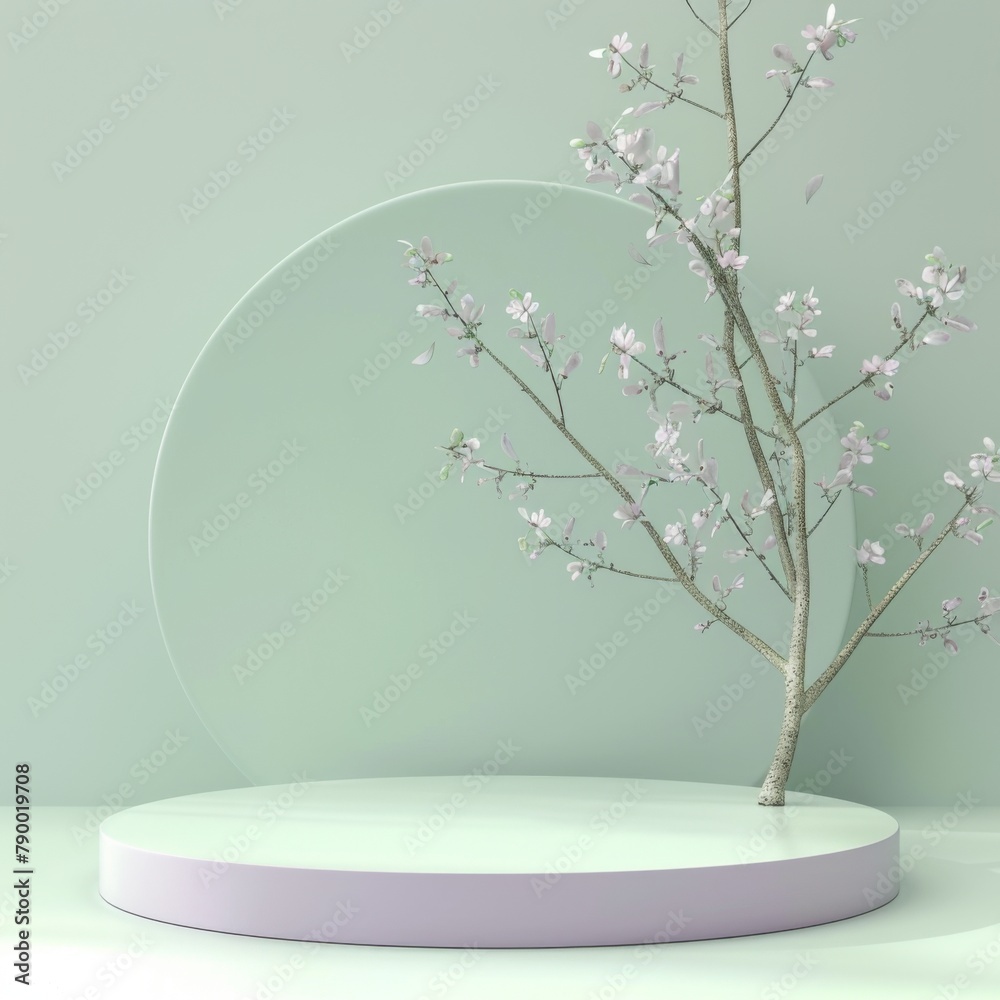 3D render podium with blooming tree, light green background, minimalistic scene in soft pastel colors, high resolution photography in the style of minimalism. 3D render podium with blooming tree, light green background, minimalistic scene in soft pastel colors, high resolution photography in the style of minimalism.