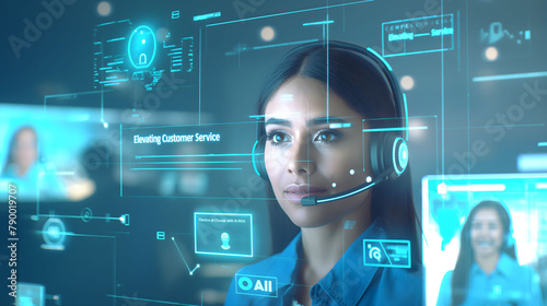 Elevating customer service with blue technology hologram of Digital on screen network, Staff women with headsets and AI interfaces. Call center with Technology Internet and network concept