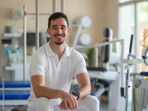 portrait of young sporty physiotherapist in a physic room photo
