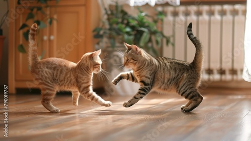 Two playful cats chasing each other around the house, their tails poofed up with excitement as they engage in a lively game of tag. photo