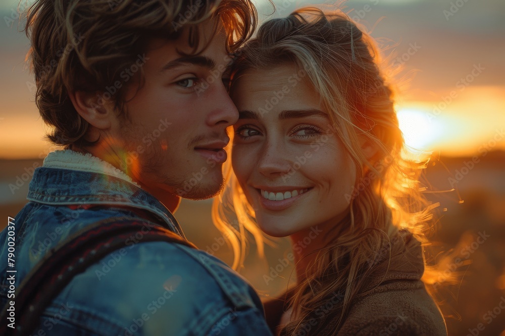 The deep connection between a romantic couple is beautifully illuminated by the warm glow of the golden hour sunset