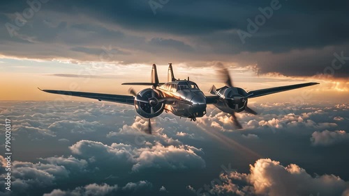 Video animation of twin engine propeller aircraft mid-flight, silhouetted against a dramatic sky that suggests it’s either dawn or dusk. The side angle view prominently displays both engines and the c