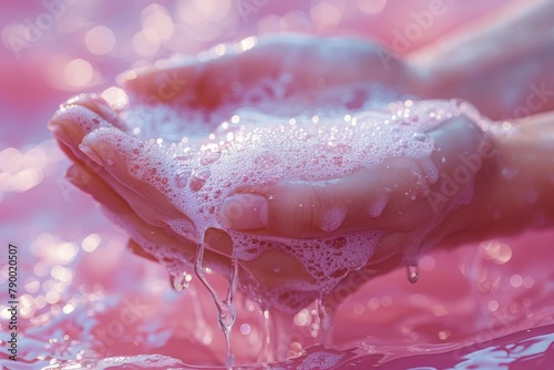 A high-resolution image capturing hands holding soapy water with vivid pink coloration