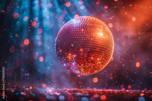 A dazzling disco ball casts vivid sparkles against a deep red illuminated backdrop