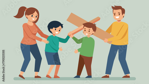 A family of four working together to break a wooden board with their hands their synchronized strength and teamwork reminding them of the