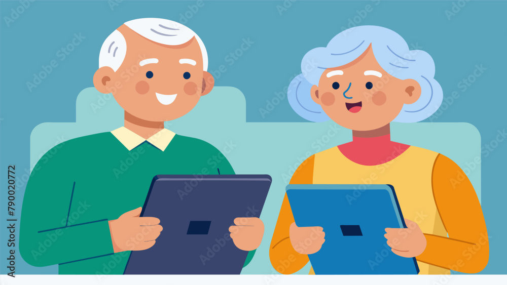 Two seniors eagerly learn how to use their tablets to shop online access news sites and video call with their grandkids thanks to a free senior