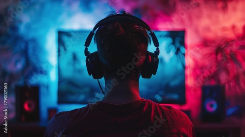 Man Wearing Headphones Watching TV