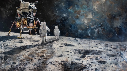 Capture a realistic oil painting of the moon landing at eye-level angle, blending historical accuracy with artistic interpretation,