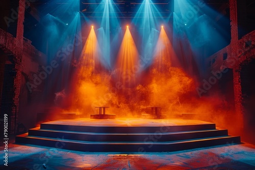 Theatrical scene with bright orange stage lights and smoke creating a warm, inviting atmosphere for an upcoming performance