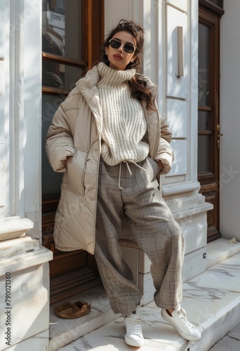 Woman in White Sweater and Grey Pants.