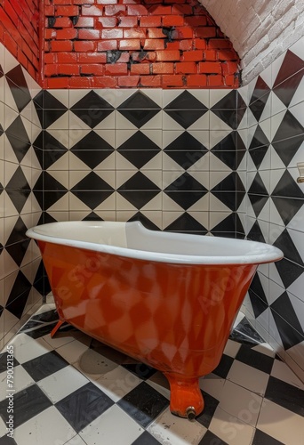 Modern Bathroom With Black and White Tiles and Red Bathtub