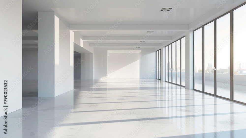 A large, empty room with white walls and a white floor. The room is large and open, with a lot of natural light coming in through the windows. The space is clean and uncluttered, giving it a modern