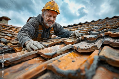 A focused construction worker replaces damaged roof tiles with skill and experience photo