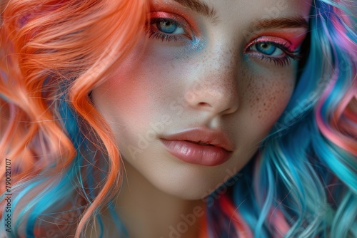 Portrait of a woman with vibrant pink and blue hair and creative makeup showcasing unique beauty and style