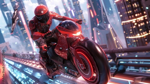 Capture the thrill and beauty of extreme sports in a futuristic utopia with CG 3D rendering Incorporate innovative lighting techniques to enhance the dynamic action,