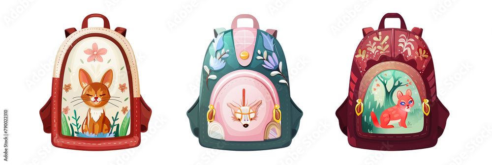 Fototapeta premium set of different backpacks adorned with fairy tale illustrations, suitable for story lovers, isolated on transparent background