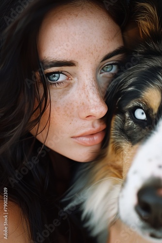 Woman With Freckled Hair and Blue Eyes Hugging Dog