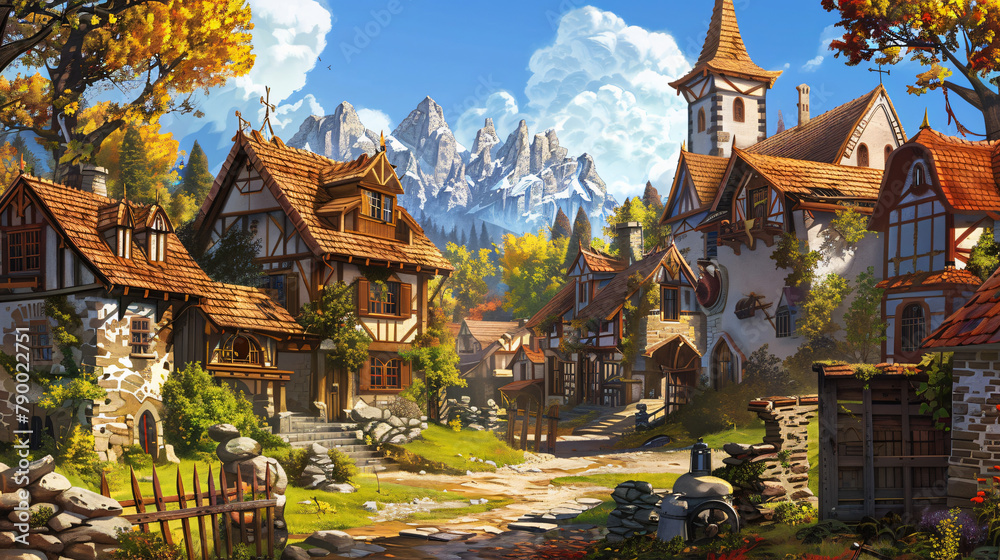 Fototapeta premium An illustration of the small medieval fantasy village.