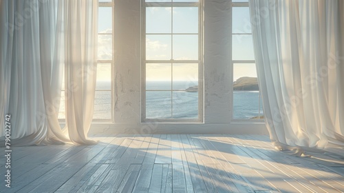 A large window with a view of the ocean and a white curtain. The room is empty and the curtains are open, letting in the sunlight. Scene is calm and peaceful, with the ocean as a backdrop