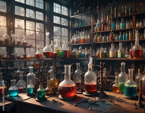 Old retro chemistry laboratory, chemical products lag the window photo