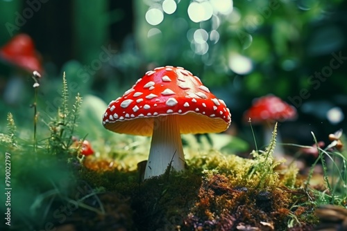 Close-up of beautiful psychedelic fly agaric mushroom growing in enchanting nature clearing