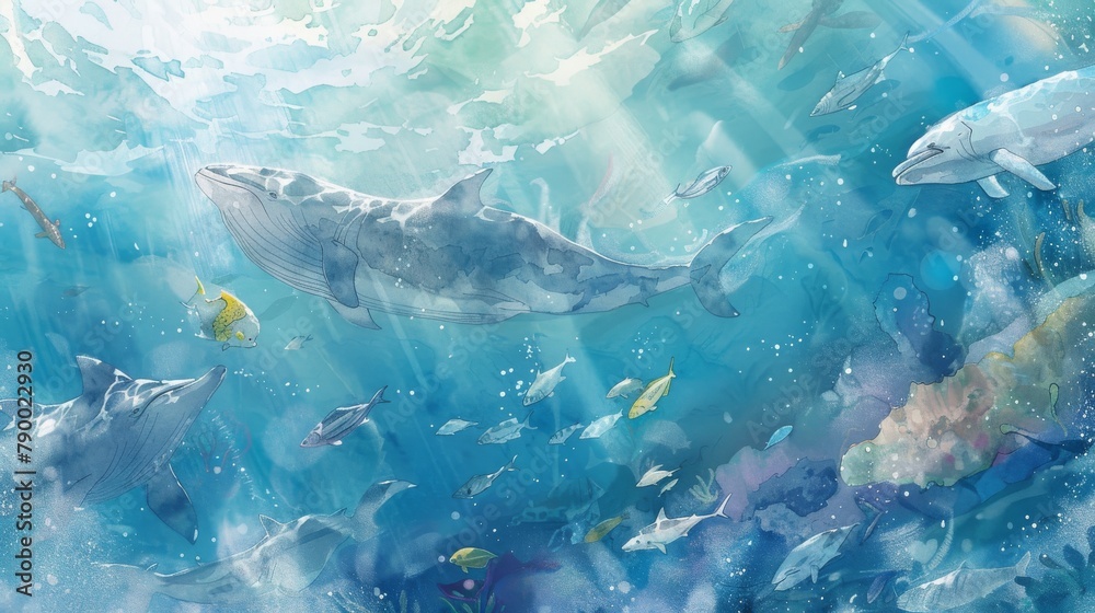 Fototapeta premium Craft a serene watercolor illustration of a tranquil ocean scene teeming with diverse marine life, promoting the importance of ocean conservation Utilize gentle brush strokes and soft pastel hues to e