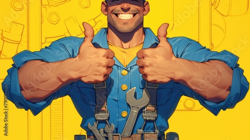 A skilled plumber or mechanic flashing a thumbs up peeks over a sign or banner while brandishing an adjustable wrench or spanner photo