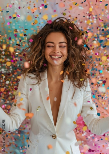 Woman in White Suit Covered in Confetti
