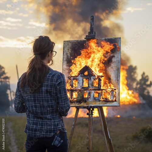 A female artist paints a picture of a burning house from life in twilight