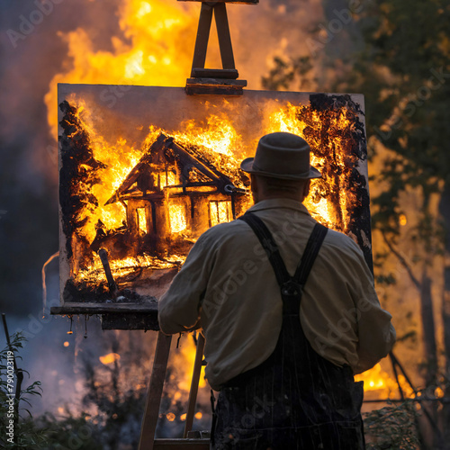 An artist paints a picture of a burning house from life