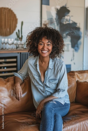Woman Sitting on Top of a Brown Leather Couch