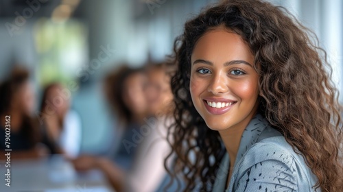 Woman With Curly Hair Smiling at Camera
