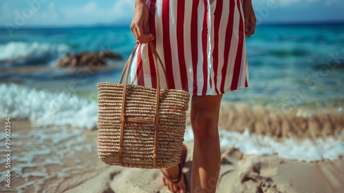 Woman in Red and White Striped Dress Holding Straw Bag