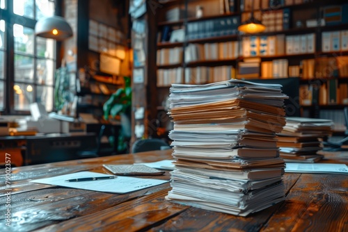 A towering stack of office files and paperwork on a wood-grain table in a well-organized library workspace © Larisa AI