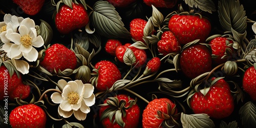 Clean seamless repeating pattern of strawberries with floral decoration witj flowers and leaves background scene photo