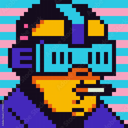 VR helmet on smoking man 8-bit 80-s pixel art character, avatar cartoon vector icon, game user or web profile persons, people, social net portrait, man face with tattoo, minimalist illustration.