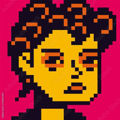 Pixel art portrait of cute girl with curly hair pink tones, 8-bit, female character 80-s, avatar, cartoon vector icon, game user, web profile persons, people, social net portrait, fashion woman face.