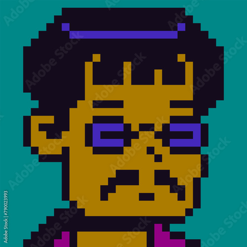 8-bit man with mustache in glasses, avatar pixel art male character, cartoon vector icon, game user or web profile person, people, social net portrait, young guy face, minimalistic fashion, vector
