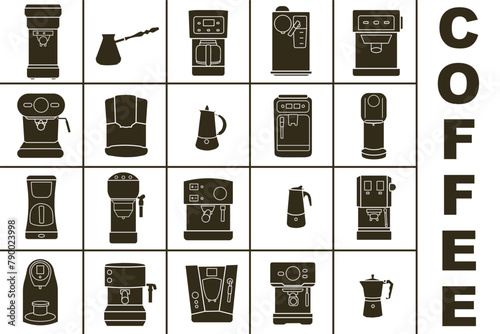 Coffee machines. Different types of coffee machines. Dark full icons of coffee machines.