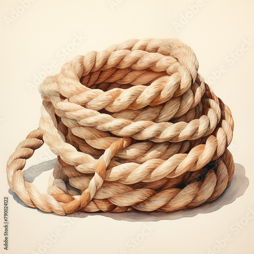 thick linen twisted rope coiled, painted with watercolor сreated with Generative Ai