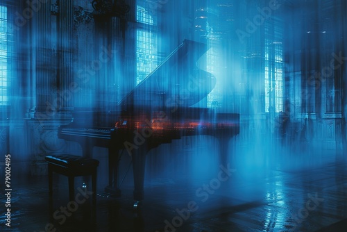 abstract image of a blurred piano set against a background of deep blue colors copy space for text