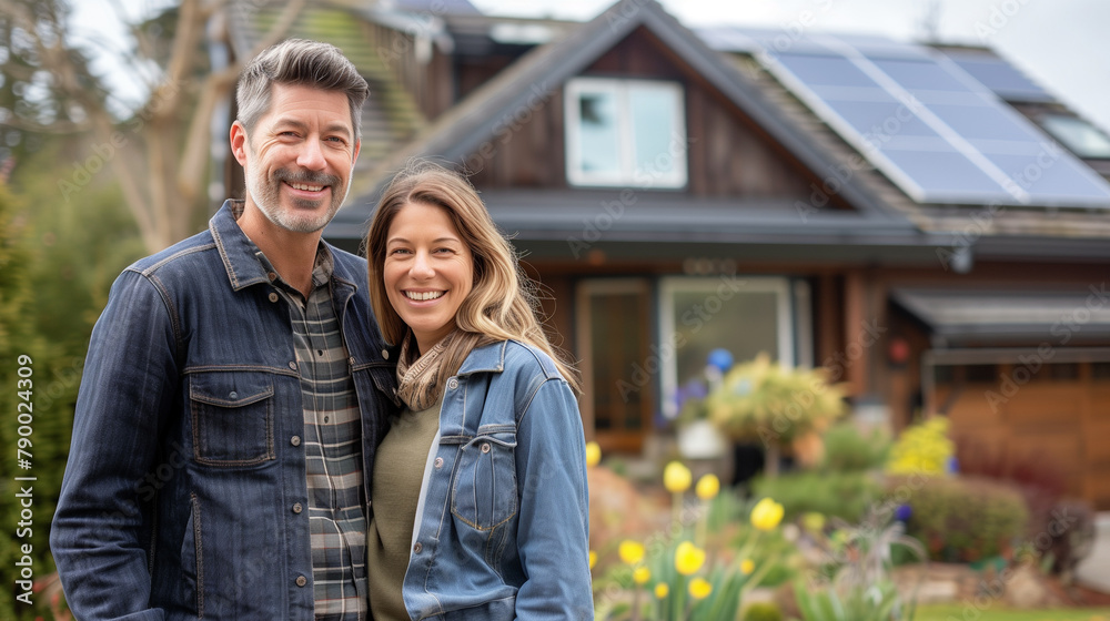 Portrait of a Happy Couple Standing in Front of Home with Solar Panels Promoting Renewable Energy and Sustainable Lifestyle. Portrait of a Happy Couple Standing in Front of Home with Solar Panels Promoting Renewable Energy and Sustainable Lifestyle.