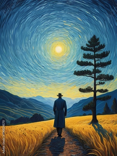 Generative AI illustration of a man stands in the wilderness Vincent Van Gogh style