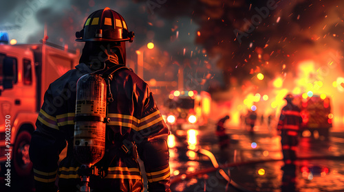 A firefighter in protective clothing. standing before a burning building with fire trucks and crew tackling the blaze