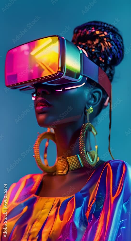 A woman wearing a virtual reality headset. She is looking to the left of the frame. The headset is reflecting a colorful image. The woman is wearing a colorful dress and has colorful makeup on. A woman wearing a virtual reality headset. She is looking to the left of the frame. The headset is reflecting a colorful image. The woman is wearing a colorful dress and has colorful makeup on.